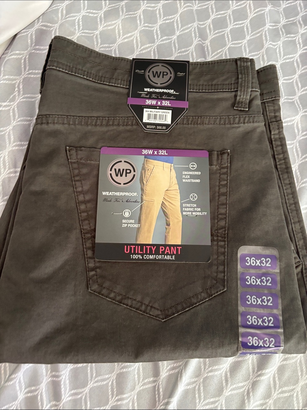 Weatherproof Utility Pant in Military Green. 36x32